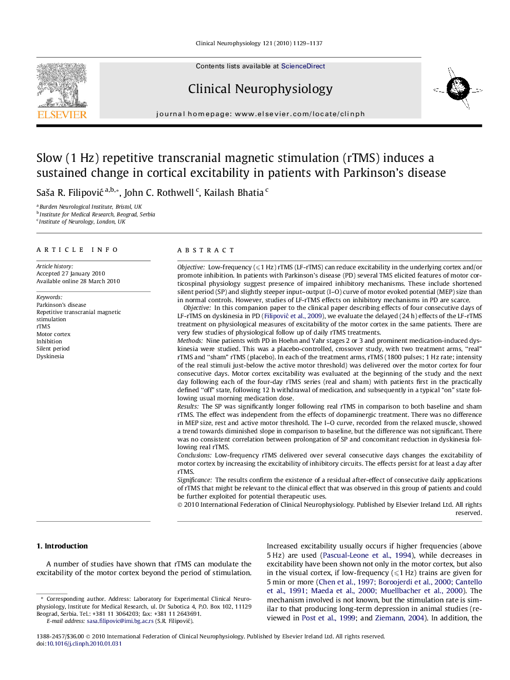 Slow (1 Hz) repetitive transcranial magnetic stimulation (rTMS) induces a sustained change in cortical excitability in patients with Parkinson’s disease