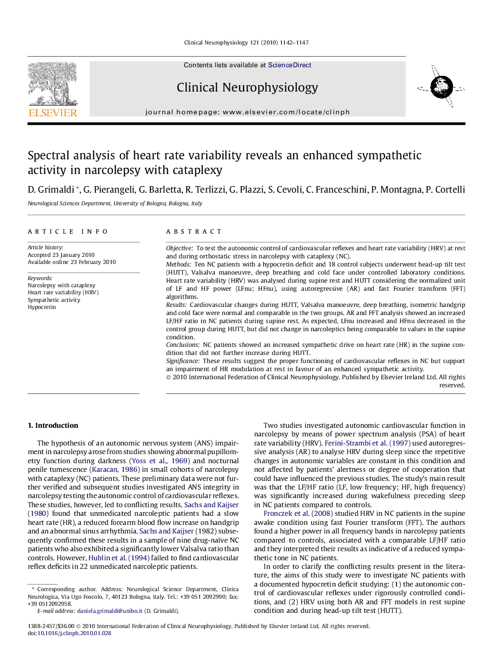 Spectral analysis of heart rate variability reveals an enhanced sympathetic activity in narcolepsy with cataplexy