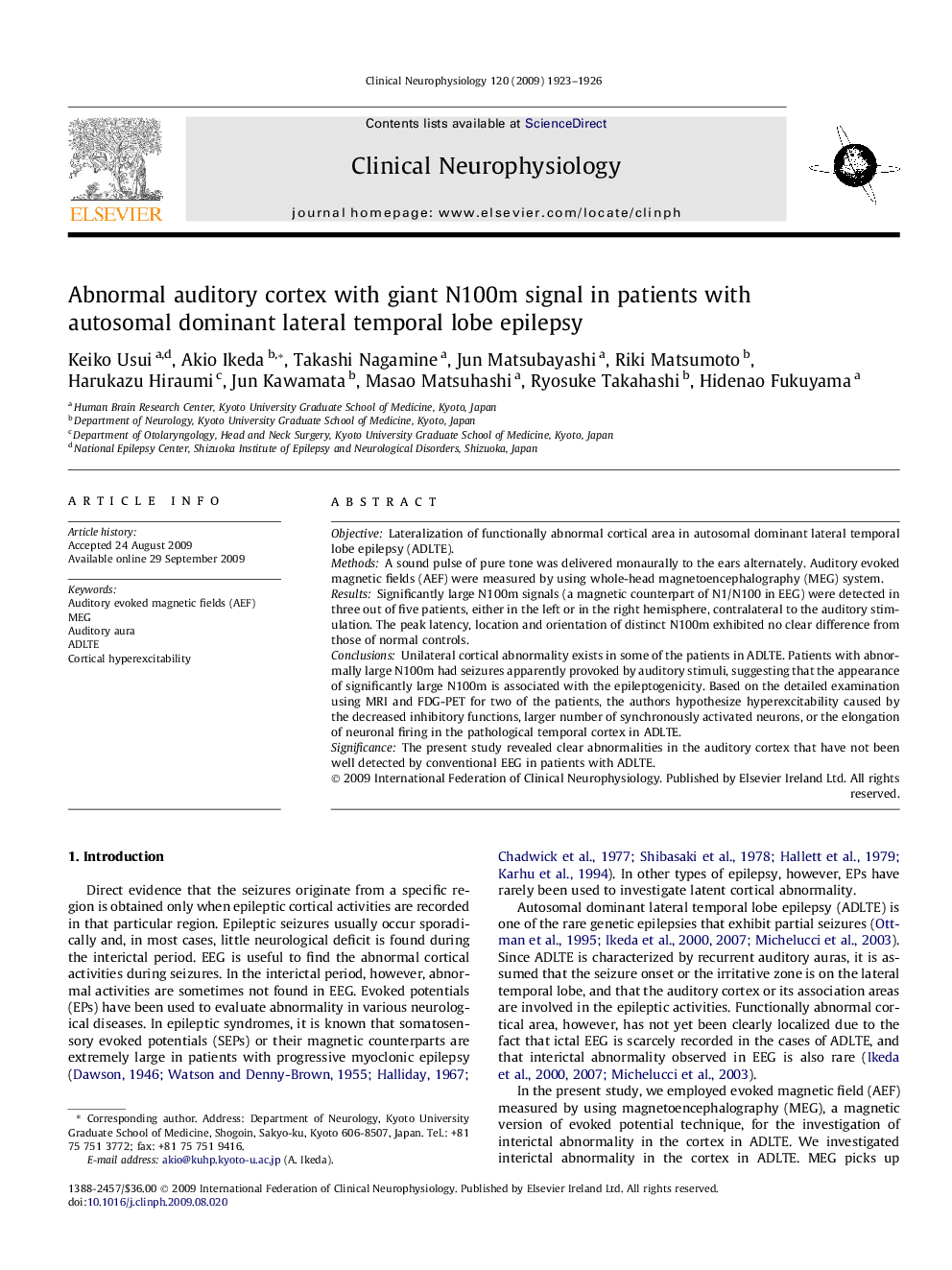 Abnormal auditory cortex with giant N100m signal in patients with autosomal dominant lateral temporal lobe epilepsy