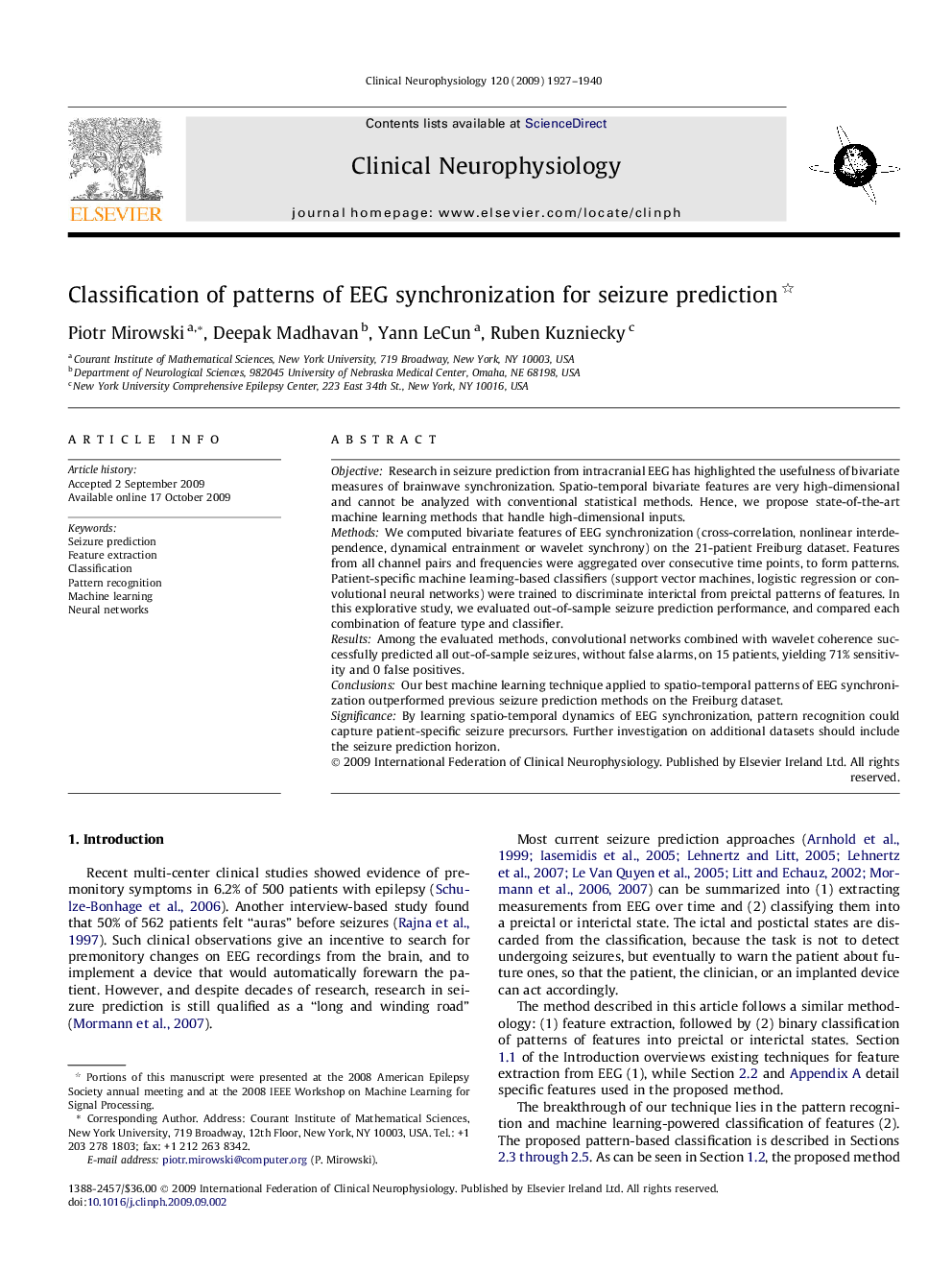 Classification of patterns of EEG synchronization for seizure prediction 