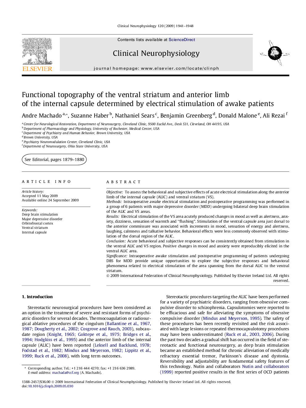 Functional topography of the ventral striatum and anterior limb of the internal capsule determined by electrical stimulation of awake patients