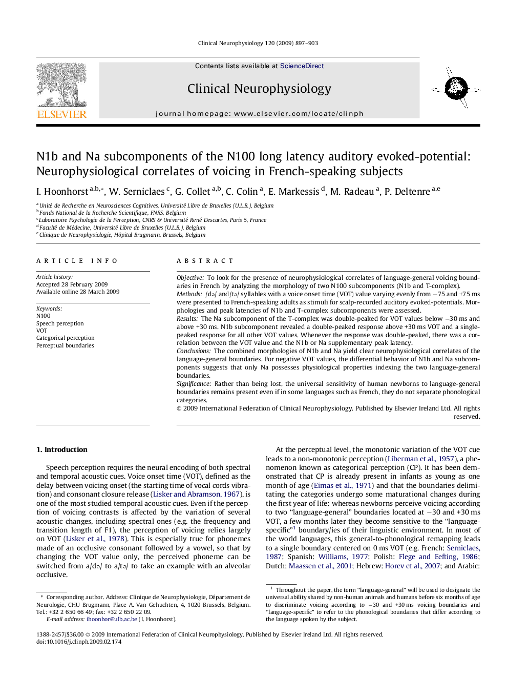 N1b and Na subcomponents of the N100 long latency auditory evoked-potential: Neurophysiological correlates of voicing in French-speaking subjects