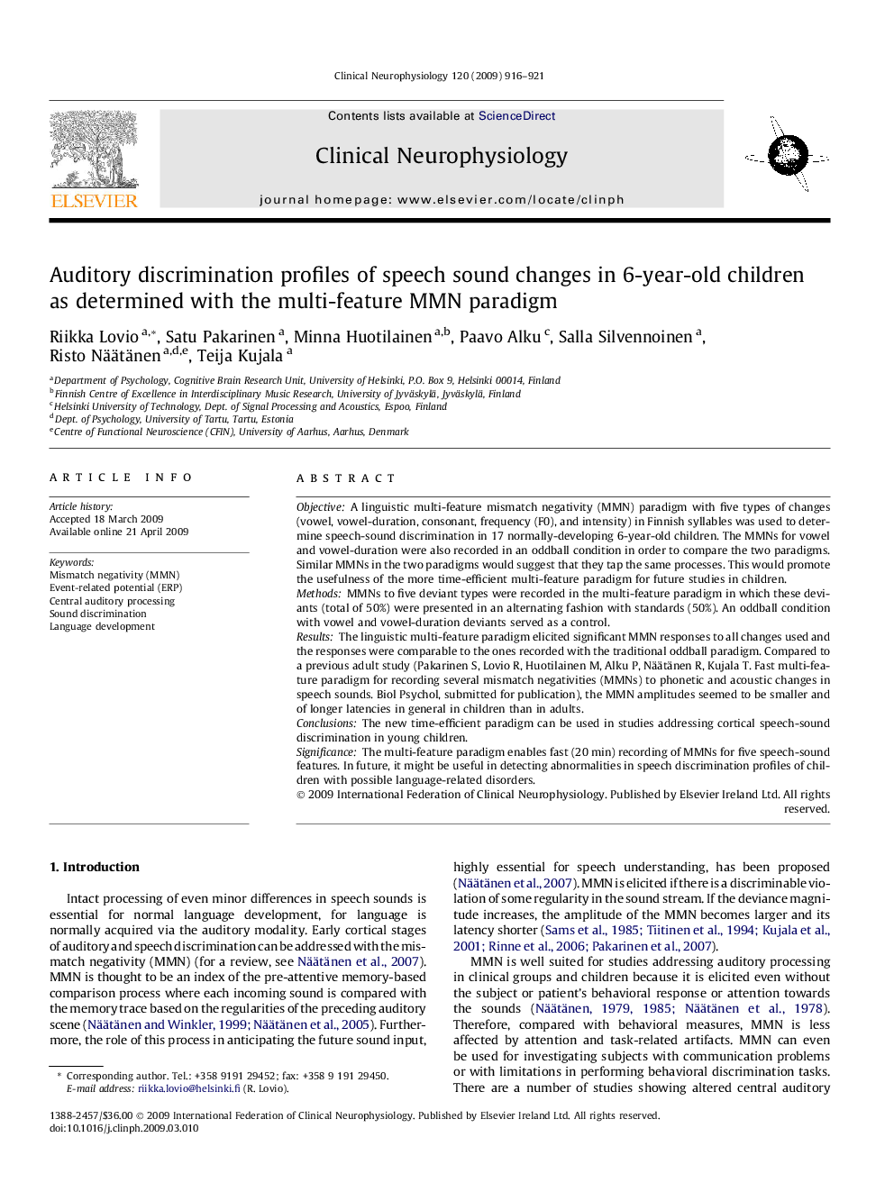 Auditory discrimination profiles of speech sound changes in 6-year-old children as determined with the multi-feature MMN paradigm