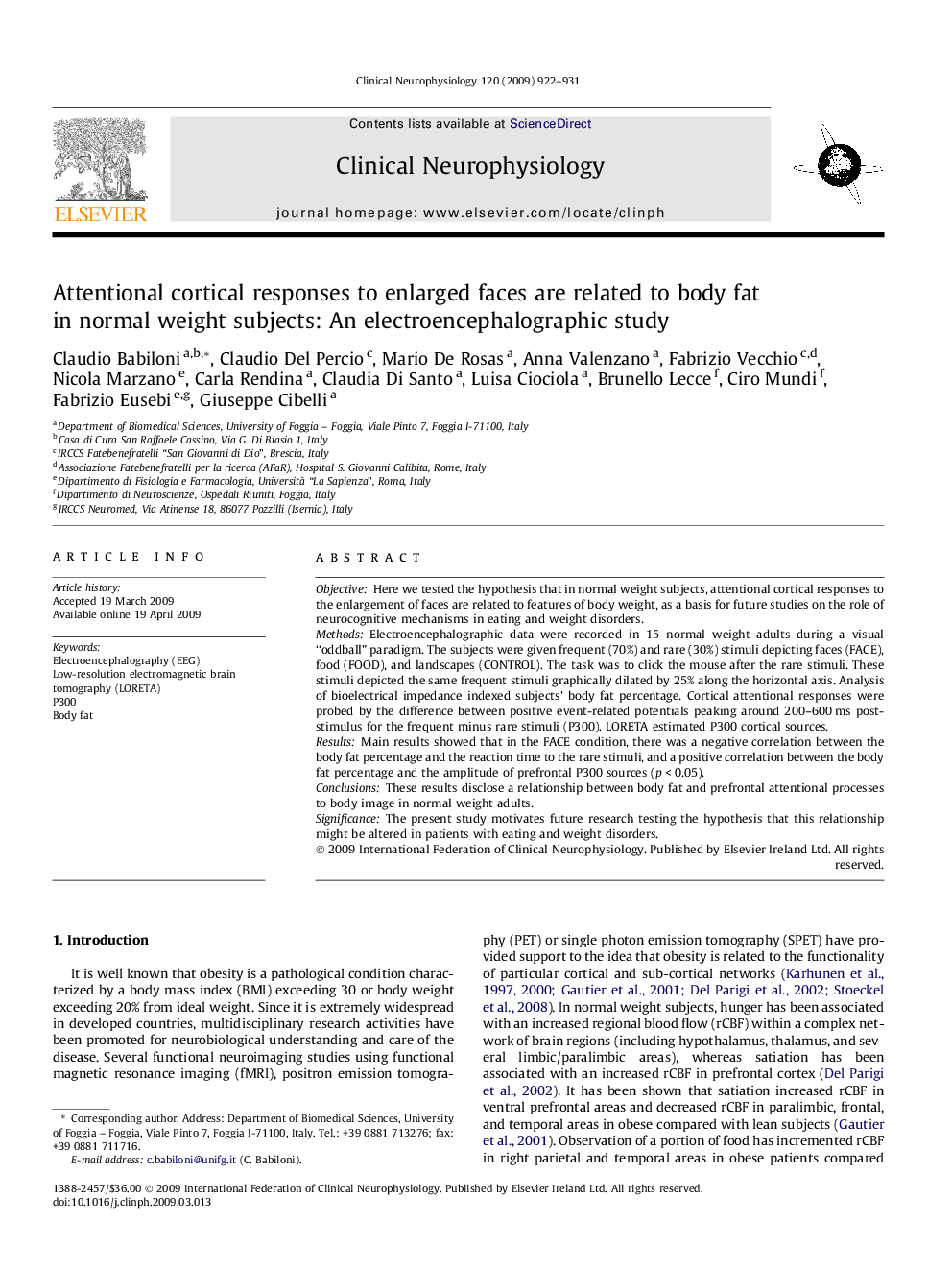 Attentional cortical responses to enlarged faces are related to body fat in normal weight subjects: An electroencephalographic study