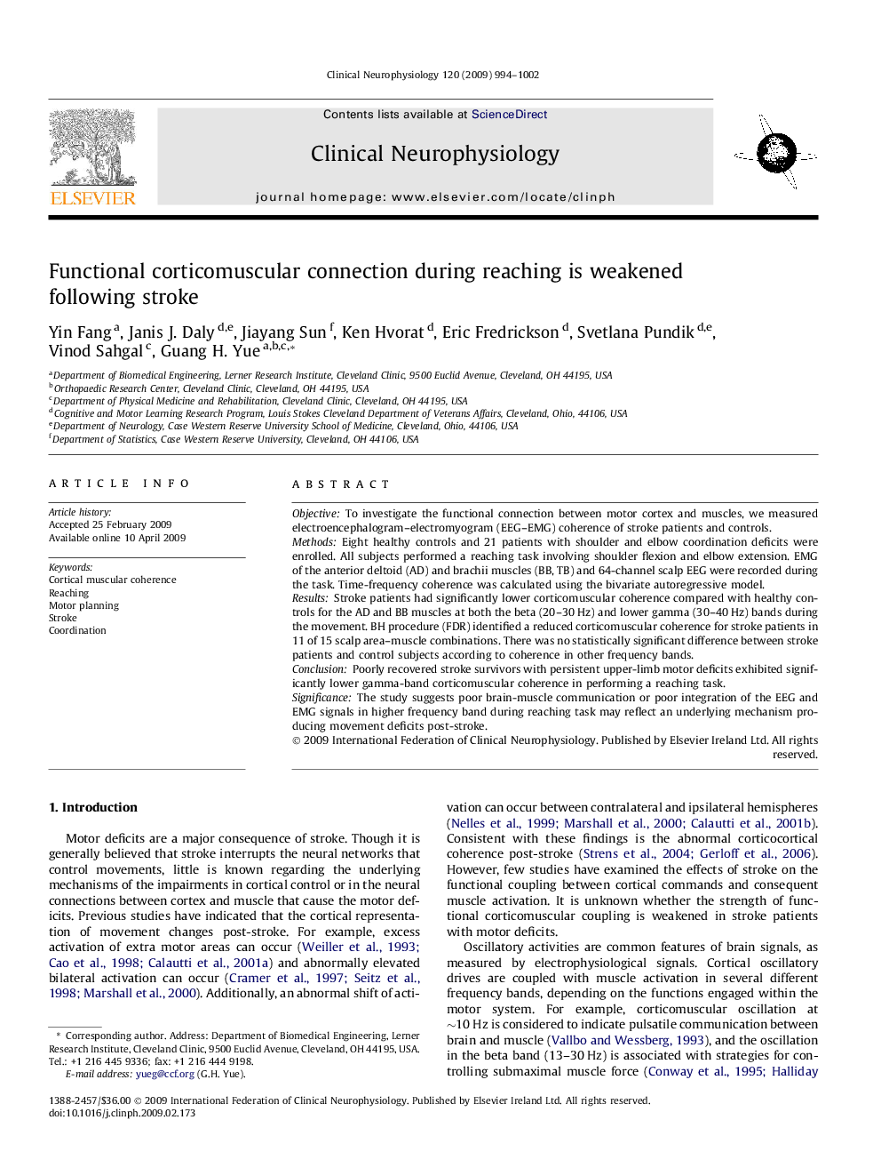 Functional corticomuscular connection during reaching is weakened following stroke