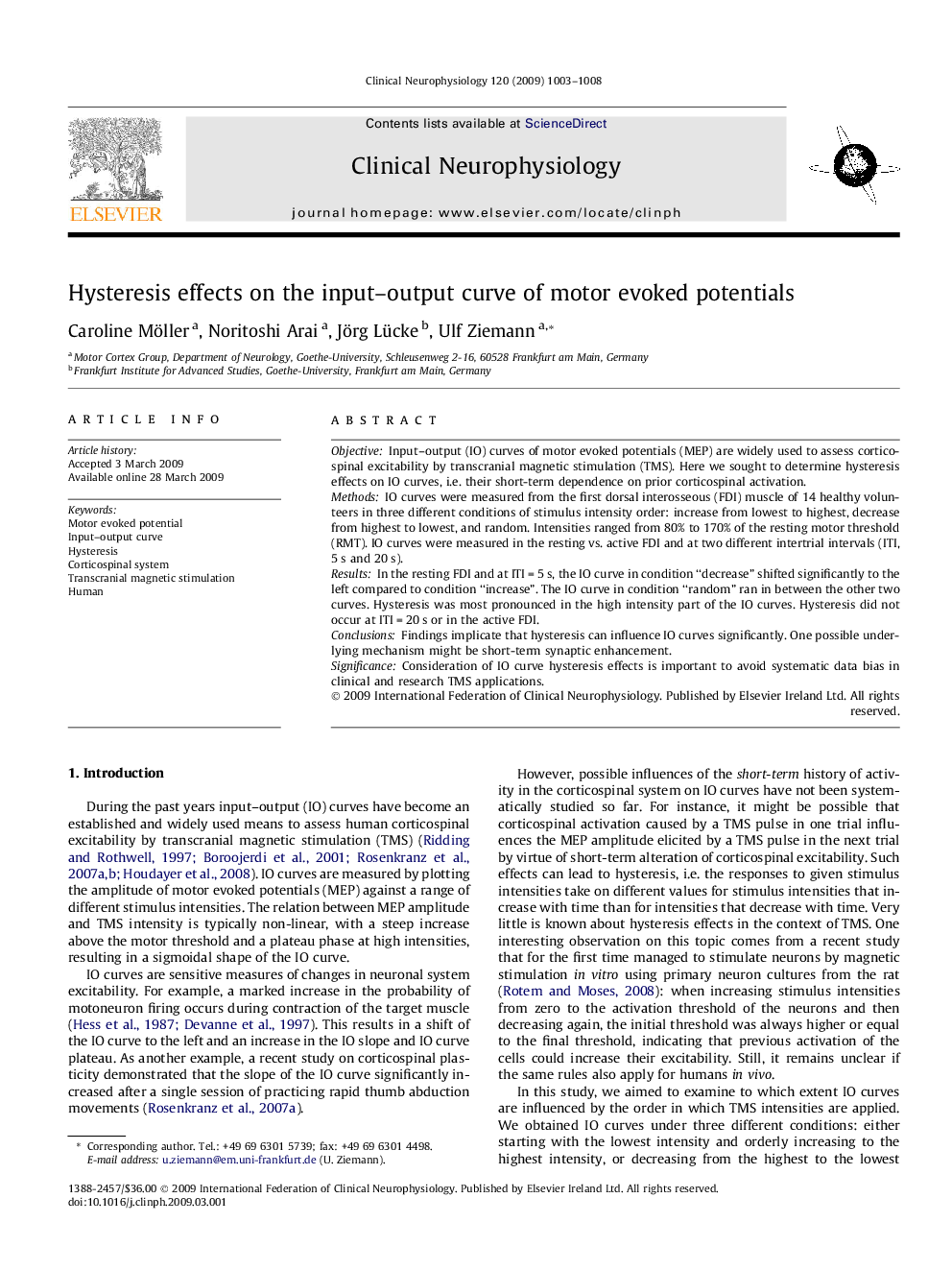 Hysteresis effects on the input–output curve of motor evoked potentials