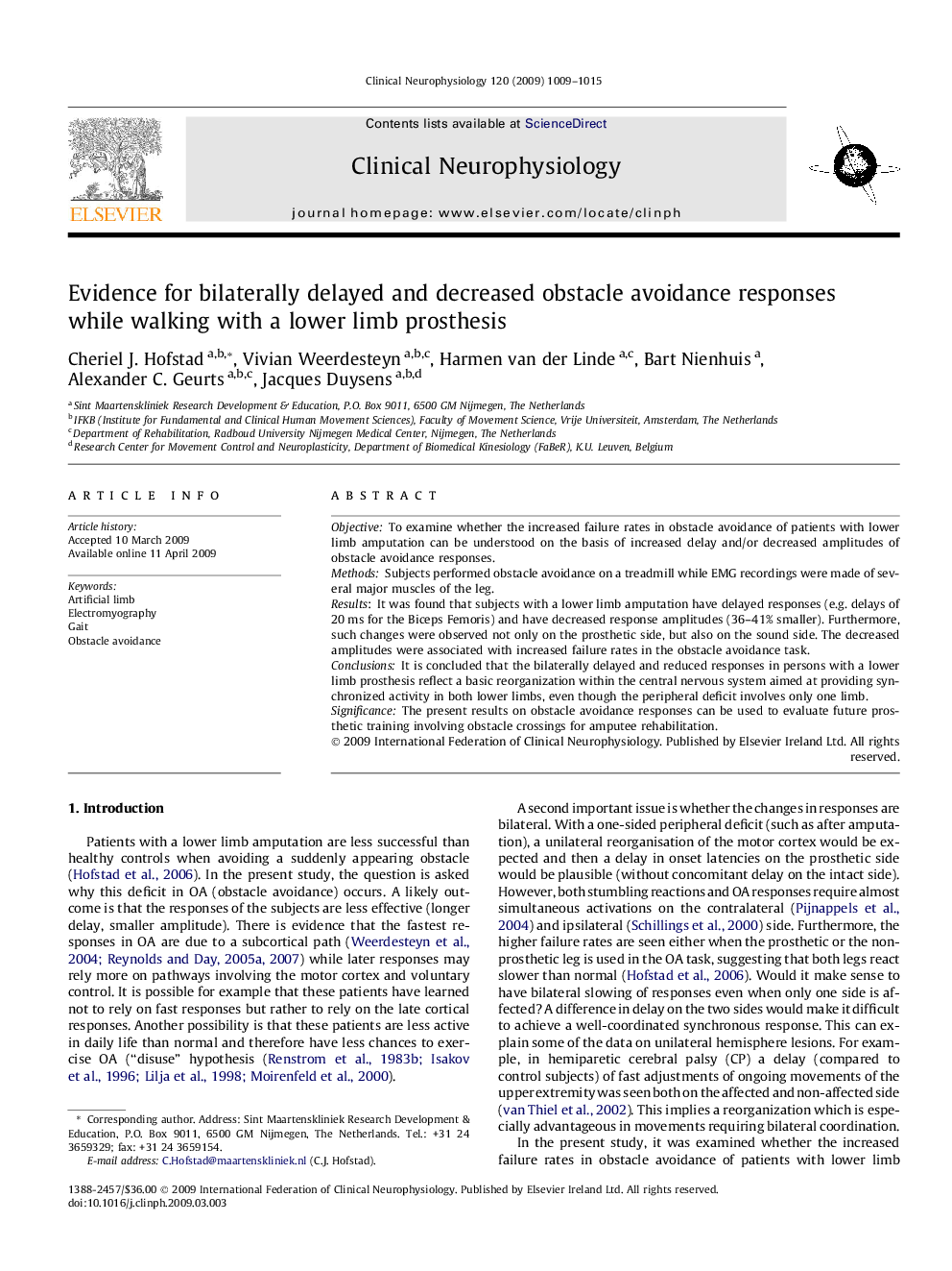 Evidence for bilaterally delayed and decreased obstacle avoidance responses while walking with a lower limb prosthesis