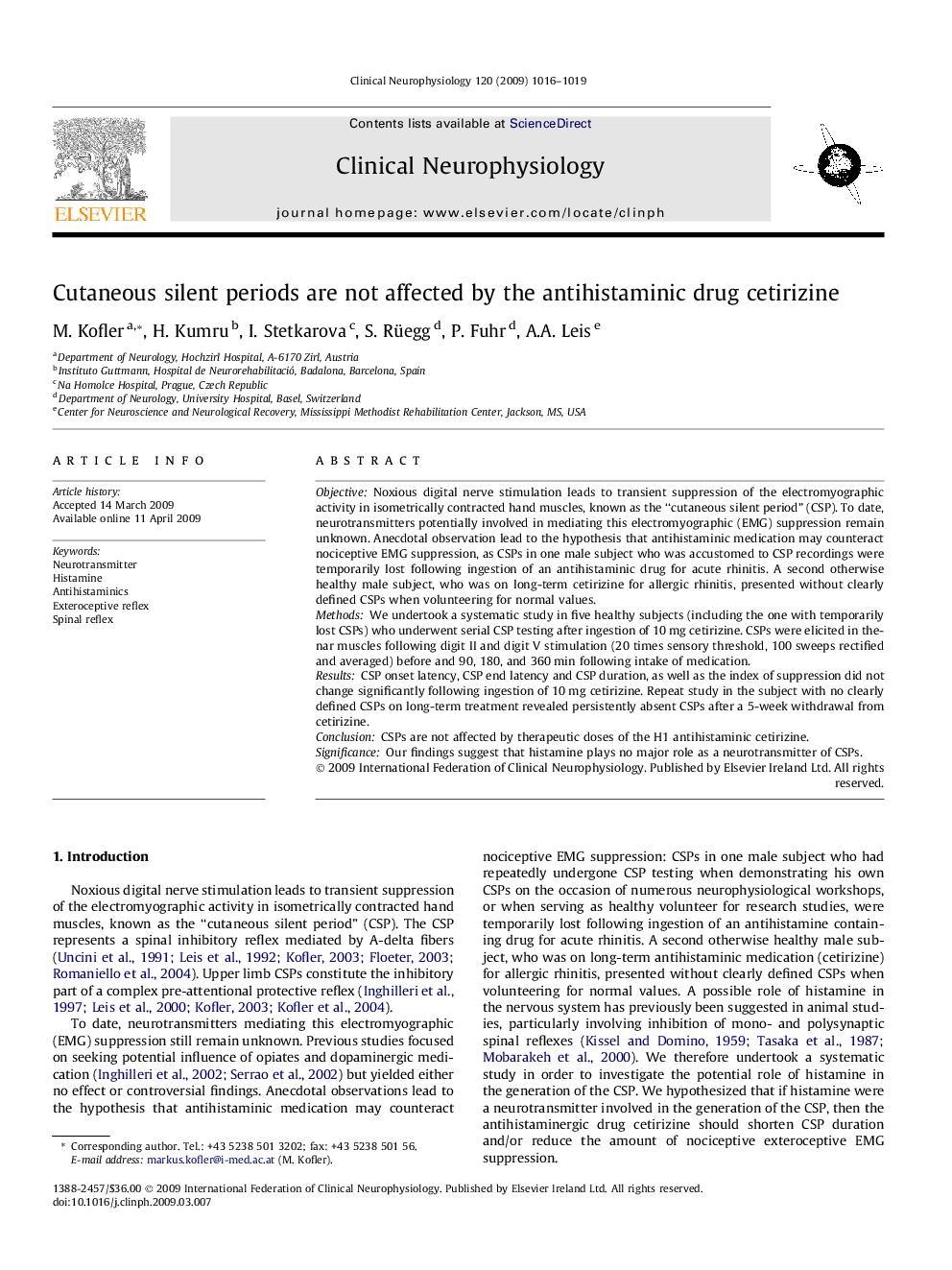 Cutaneous silent periods are not affected by the antihistaminic drug cetirizine