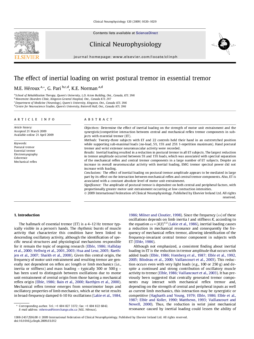 The effect of inertial loading on wrist postural tremor in essential tremor