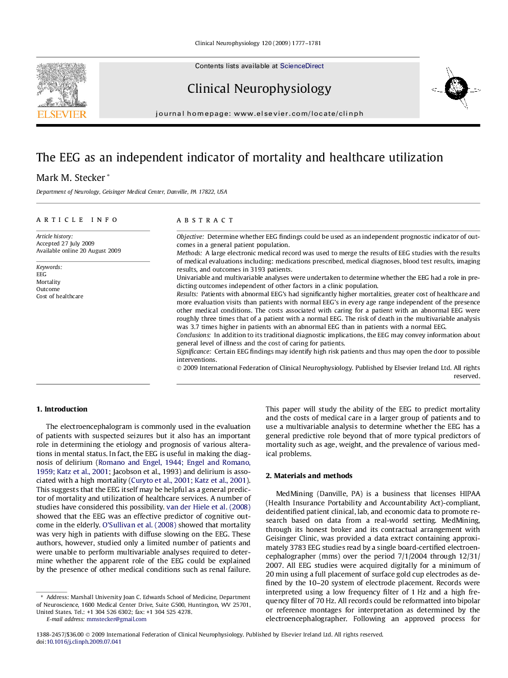 The EEG as an independent indicator of mortality and healthcare utilization