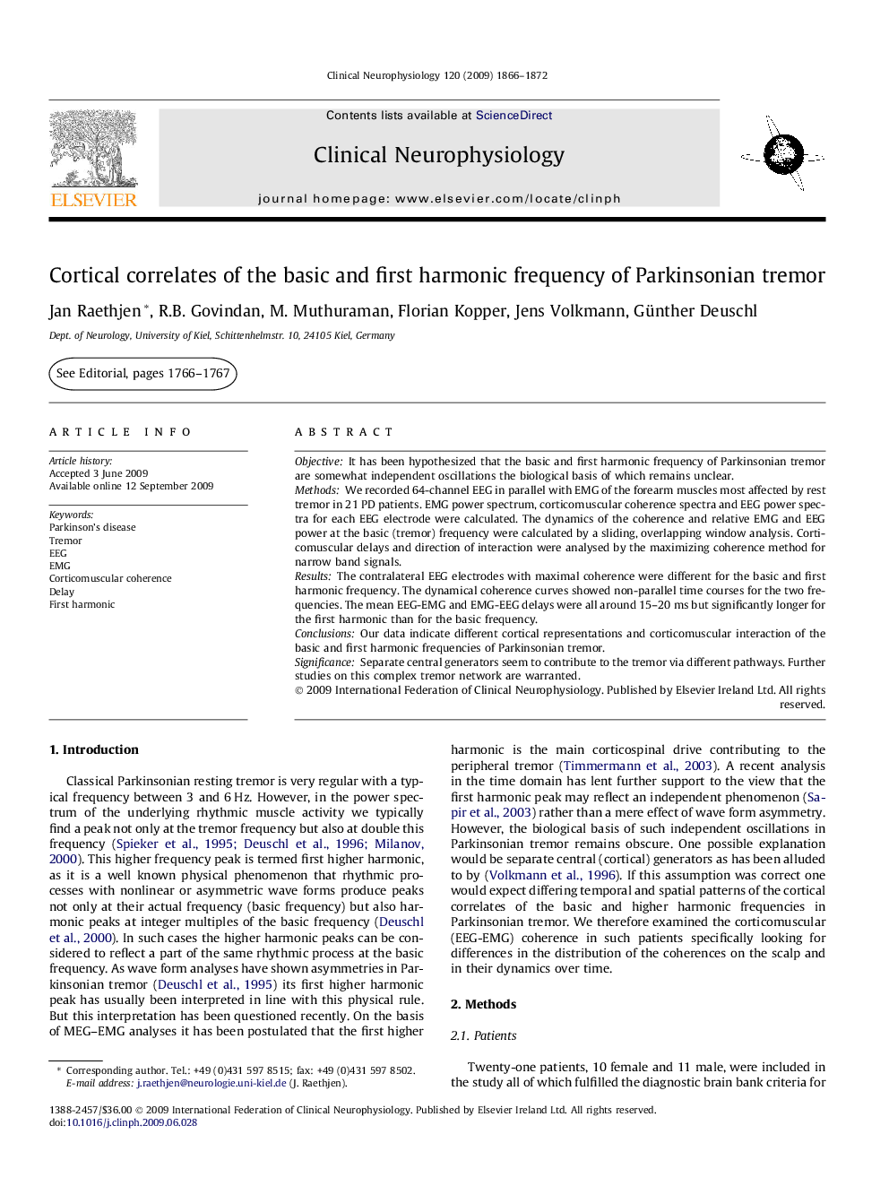 Cortical correlates of the basic and first harmonic frequency of Parkinsonian tremor