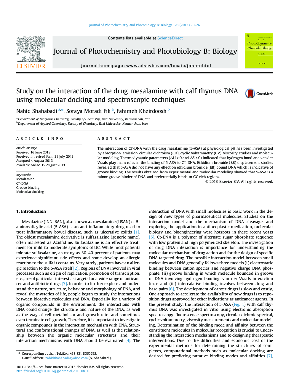 Study on the interaction of the drug mesalamine with calf thymus DNA using molecular docking and spectroscopic techniques