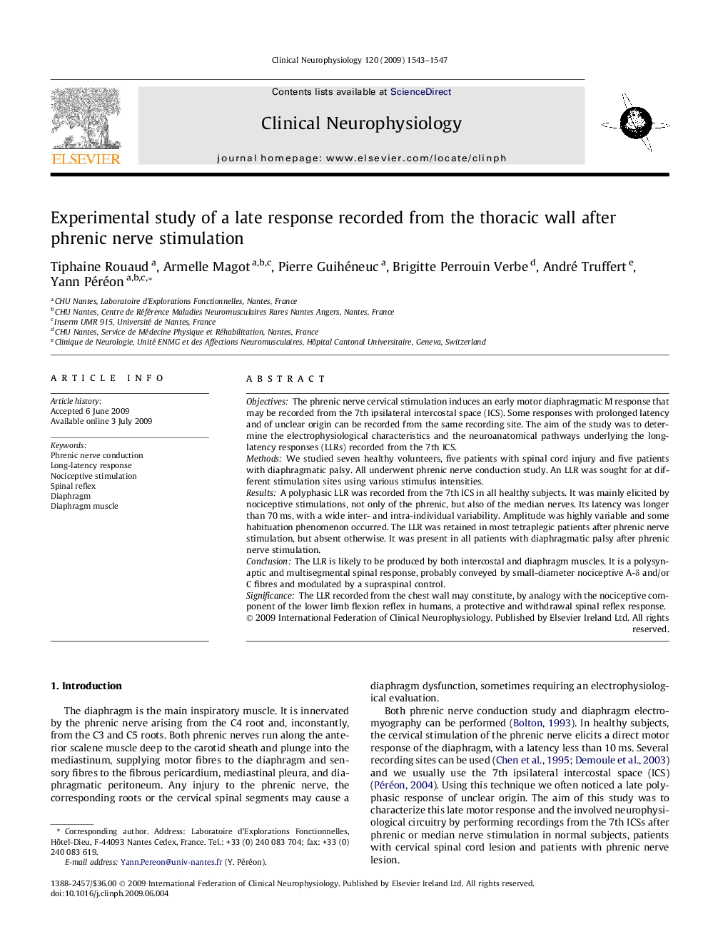 Experimental study of a late response recorded from the thoracic wall after phrenic nerve stimulation