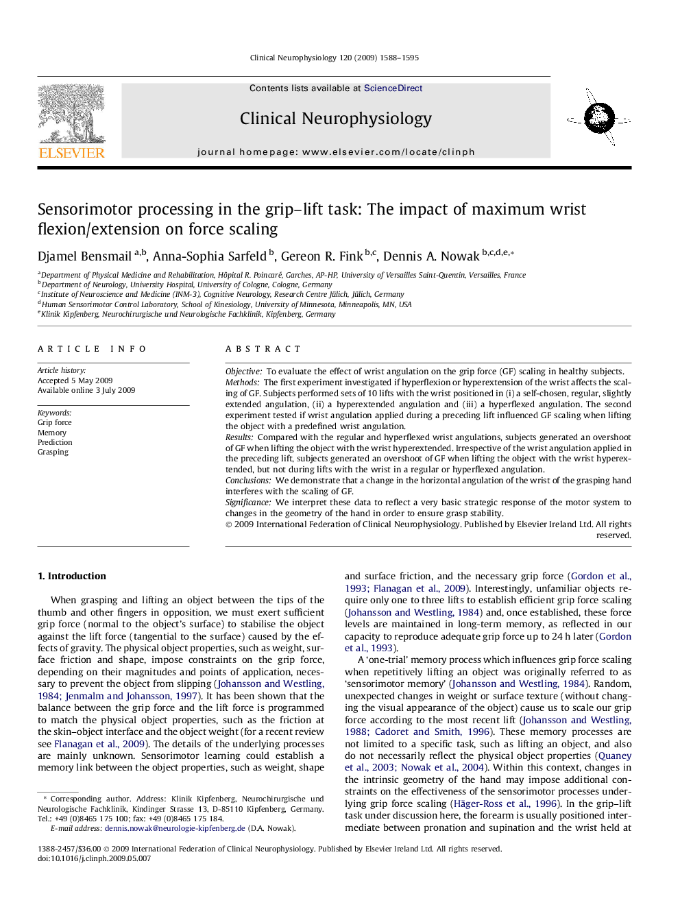 Sensorimotor processing in the grip–lift task: The impact of maximum wrist flexion/extension on force scaling