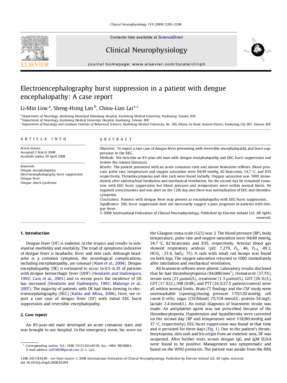 Electroencephalography burst suppression in a patient with dengue encephalopathy: A case report