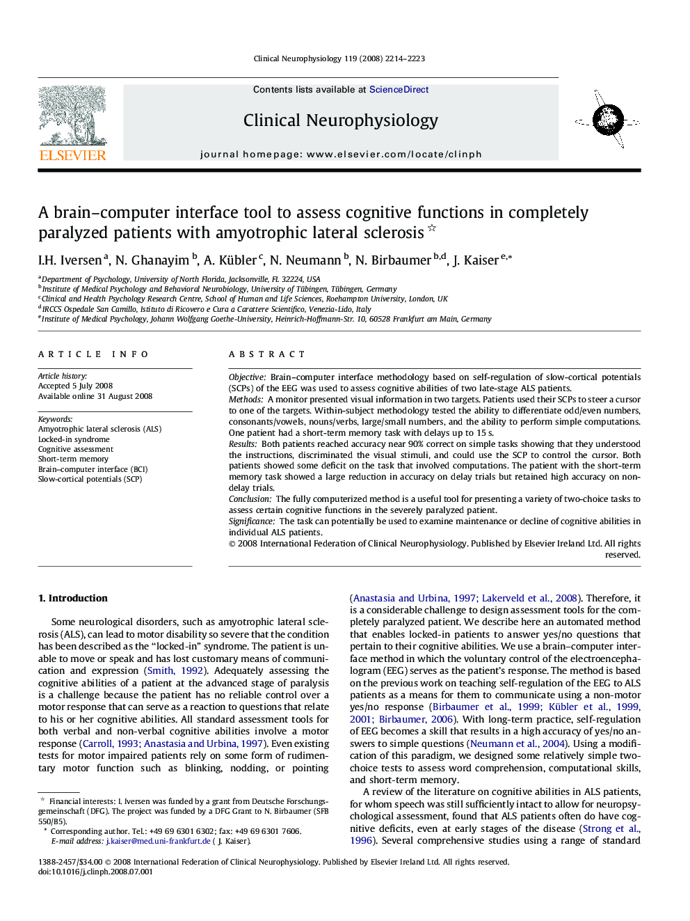 A brain–computer interface tool to assess cognitive functions in completely paralyzed patients with amyotrophic lateral sclerosis 