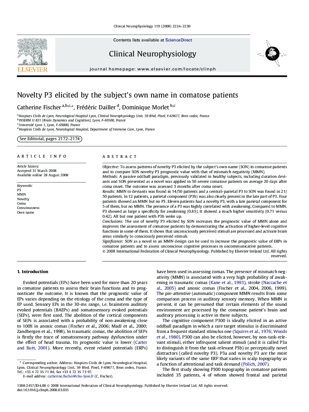 Novelty P3 elicited by the subject’s own name in comatose patients