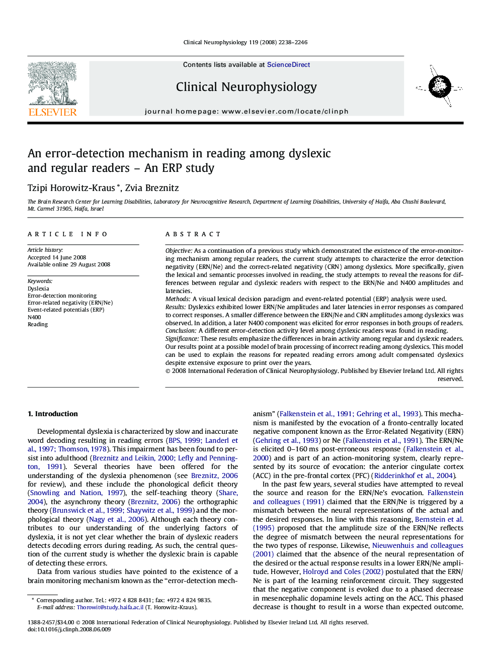 An error-detection mechanism in reading among dyslexic and regular readers – An ERP study