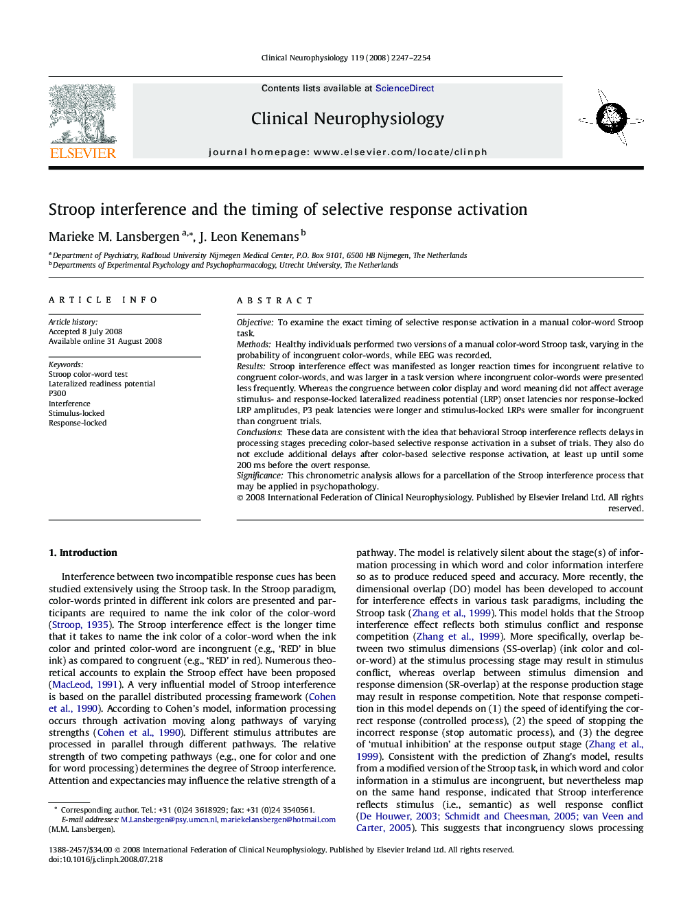 Stroop interference and the timing of selective response activation