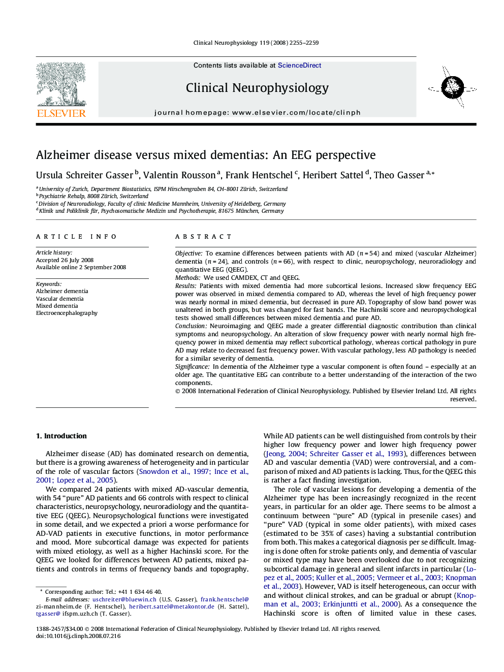 Alzheimer disease versus mixed dementias: An EEG perspective