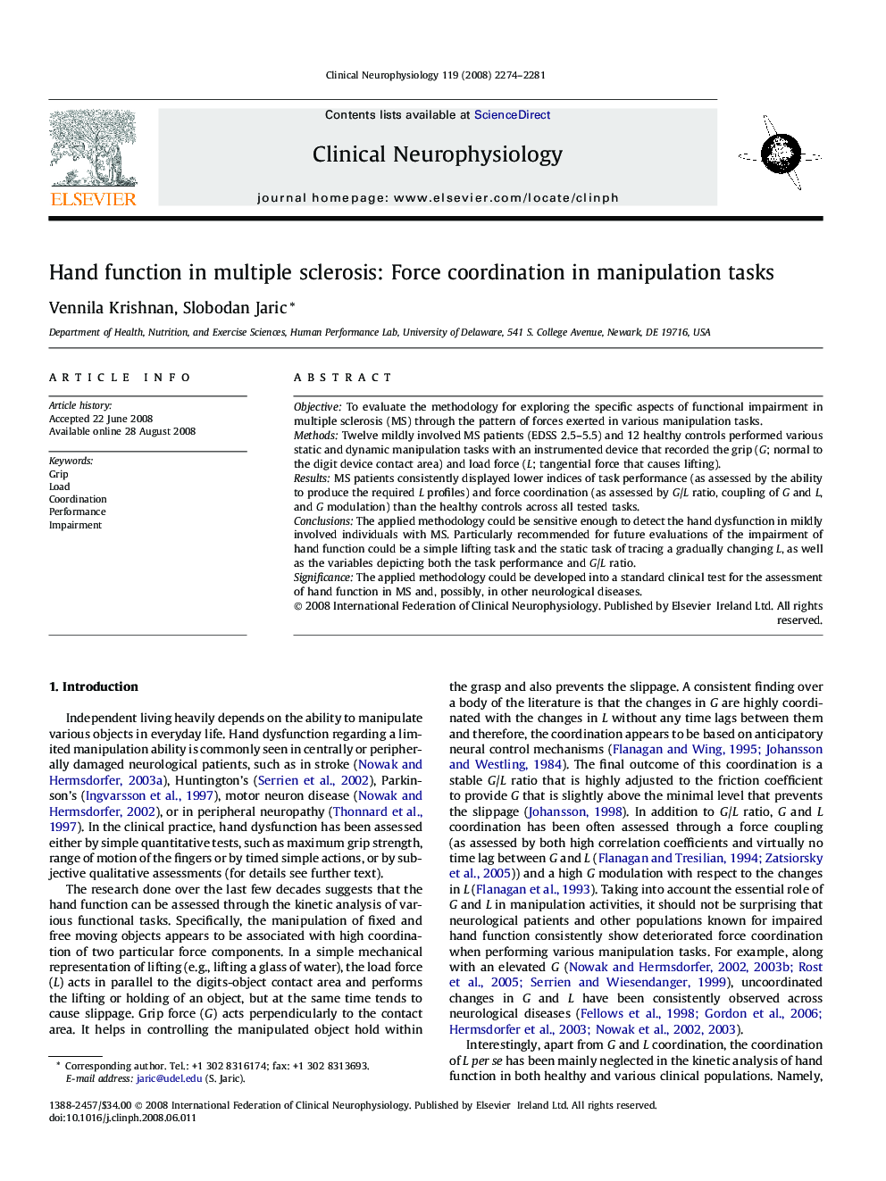 Hand function in multiple sclerosis: Force coordination in manipulation tasks