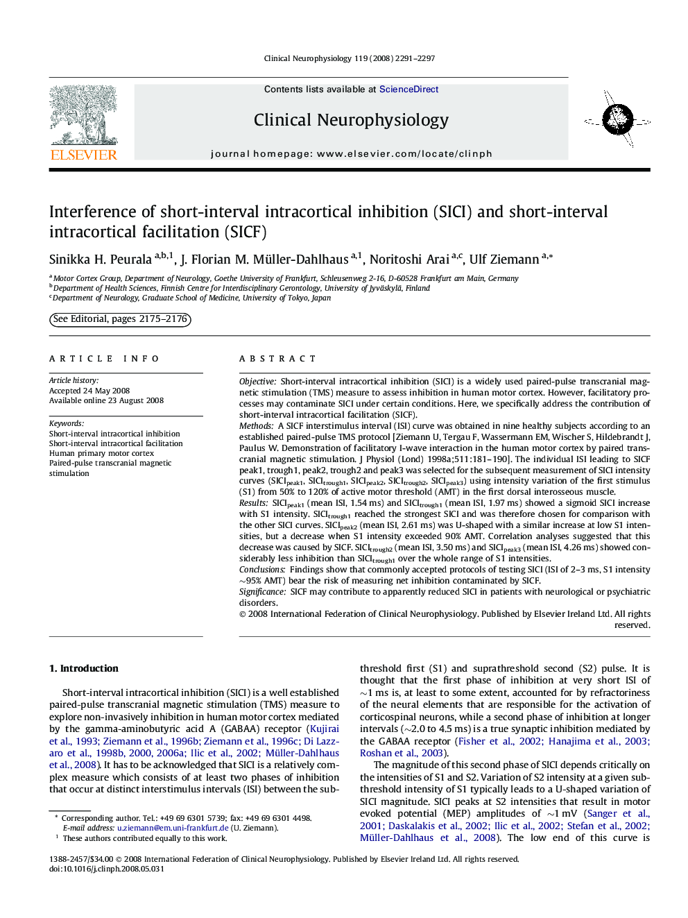 Interference of short-interval intracortical inhibition (SICI) and short-interval intracortical facilitation (SICF)