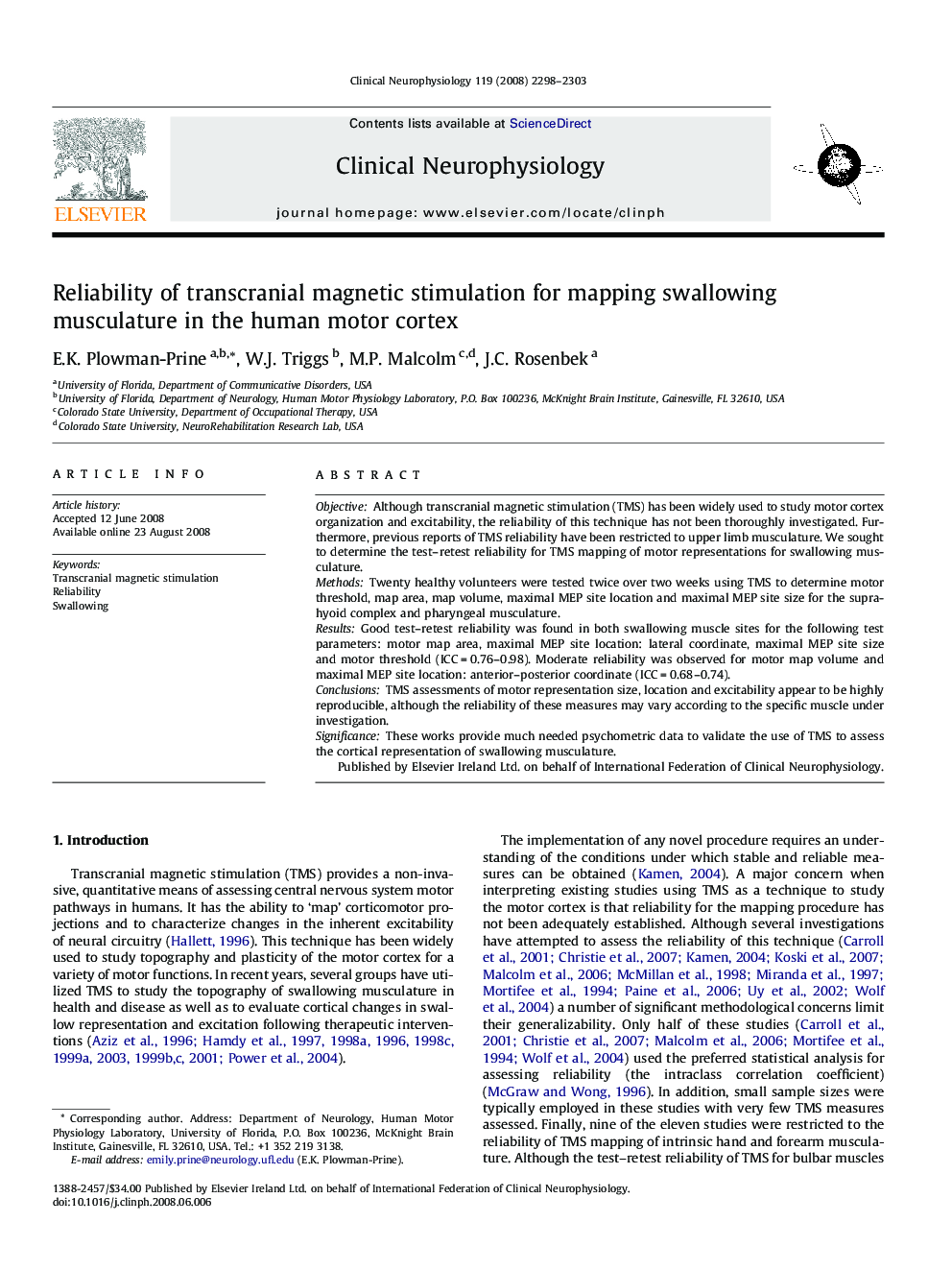 Reliability of transcranial magnetic stimulation for mapping swallowing musculature in the human motor cortex