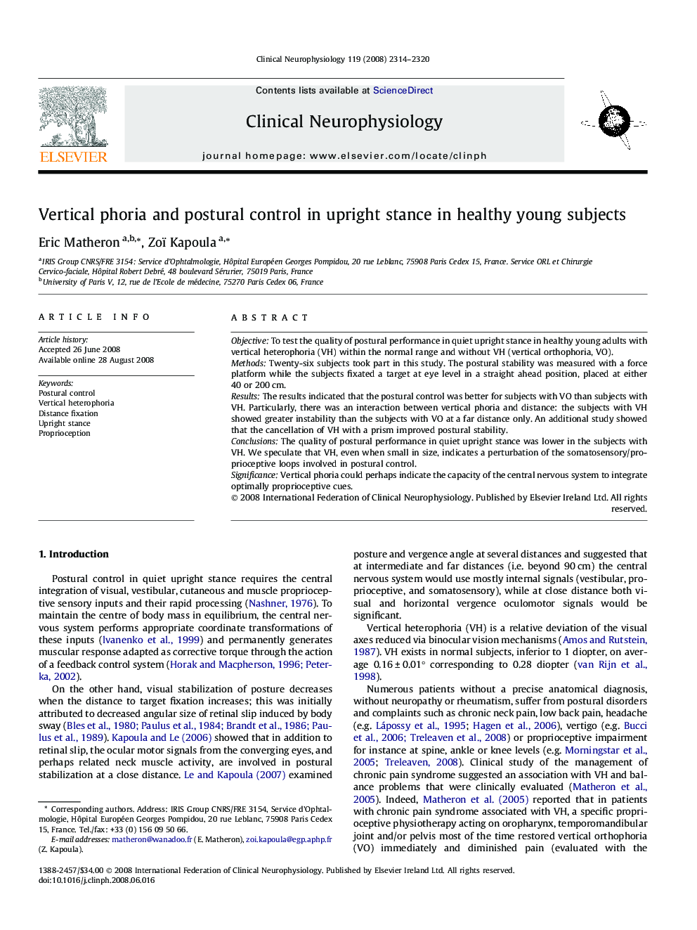 Vertical phoria and postural control in upright stance in healthy young subjects