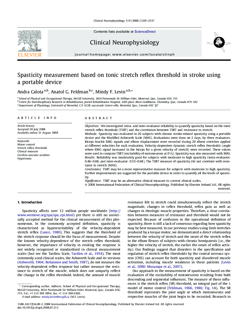 Spasticity measurement based on tonic stretch reflex threshold in stroke using a portable device