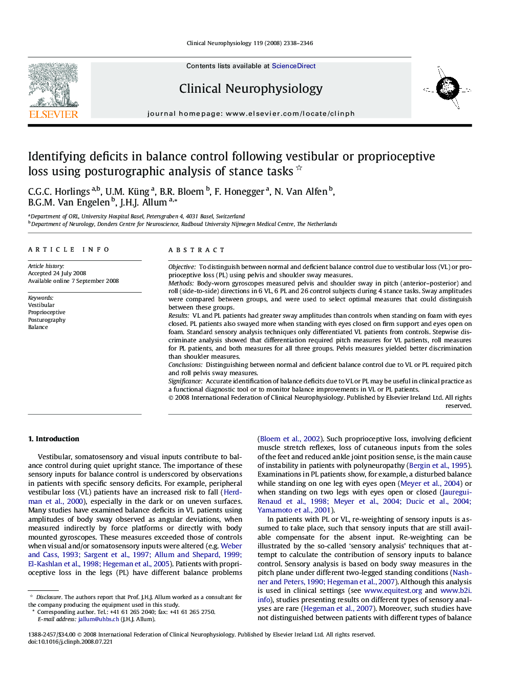 Identifying deficits in balance control following vestibular or proprioceptive loss using posturographic analysis of stance tasks 