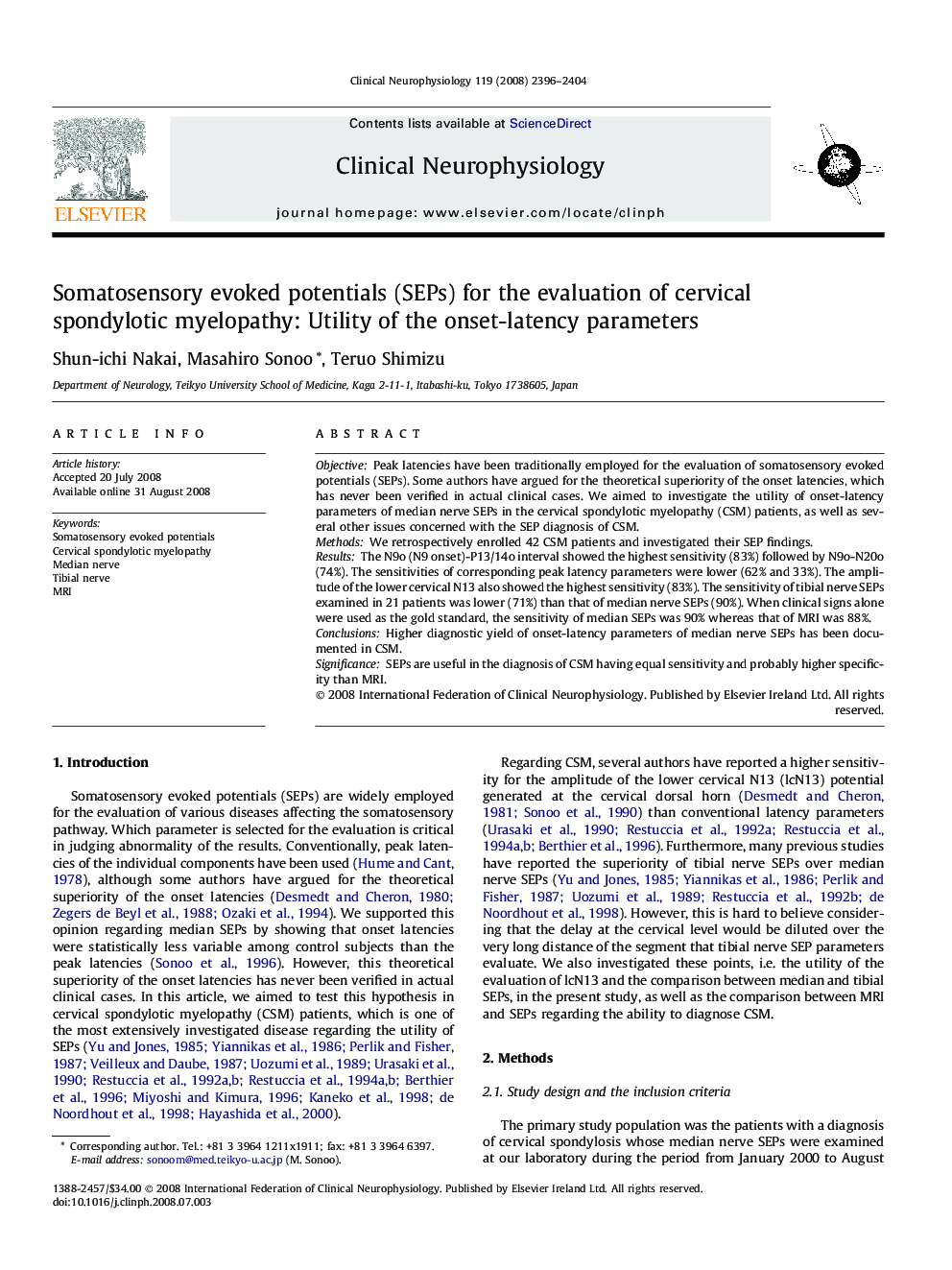 Somatosensory evoked potentials (SEPs) for the evaluation of cervical spondylotic myelopathy: Utility of the onset-latency parameters