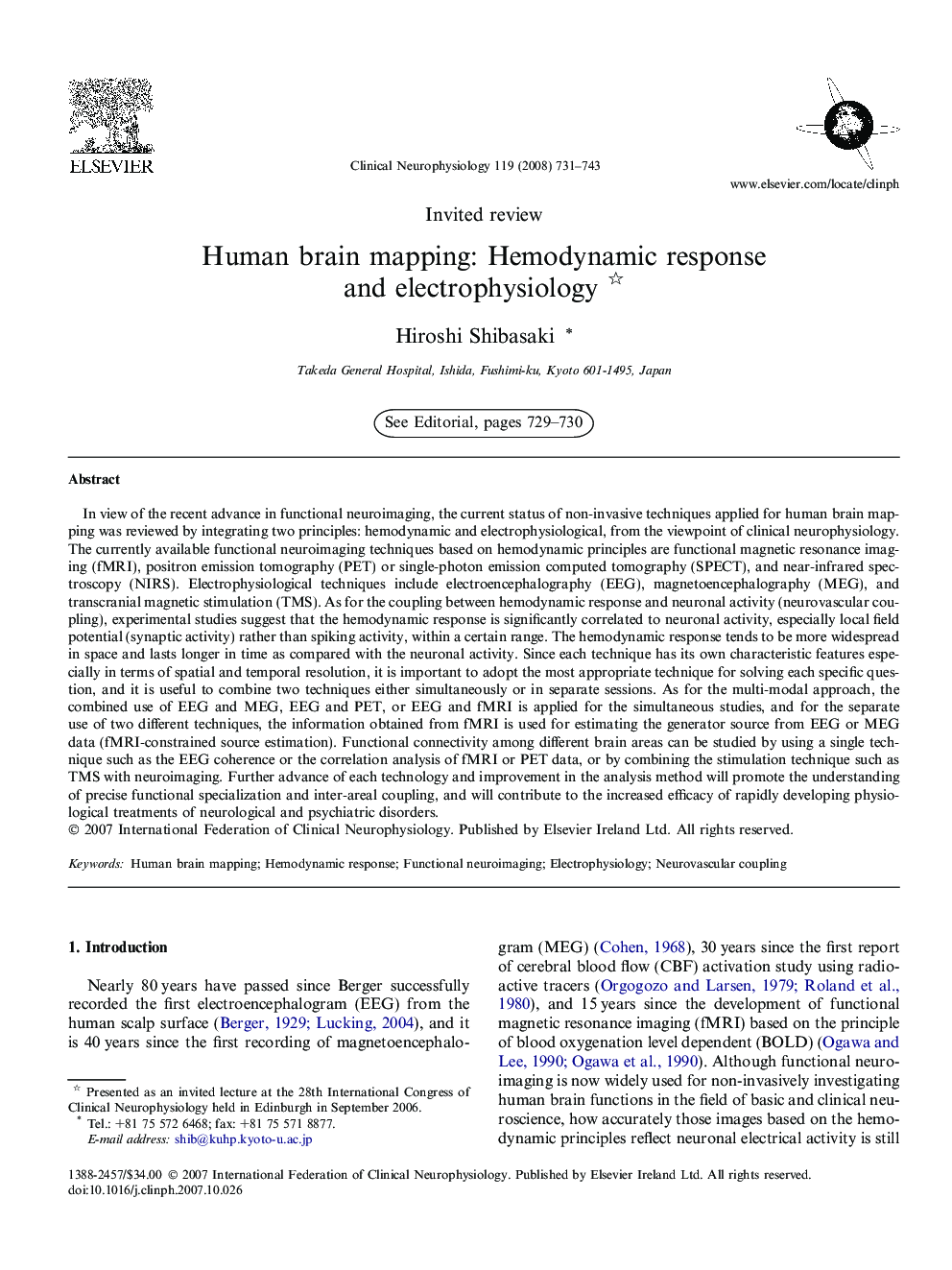 Human brain mapping: Hemodynamic response and electrophysiology 