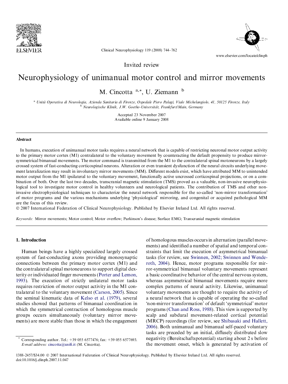 Neurophysiology of unimanual motor control and mirror movements