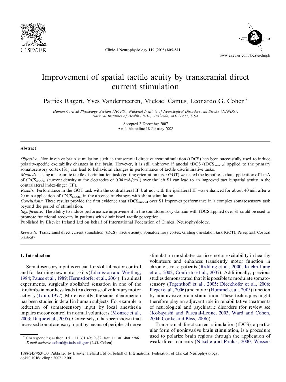 Improvement of spatial tactile acuity by transcranial direct current stimulation