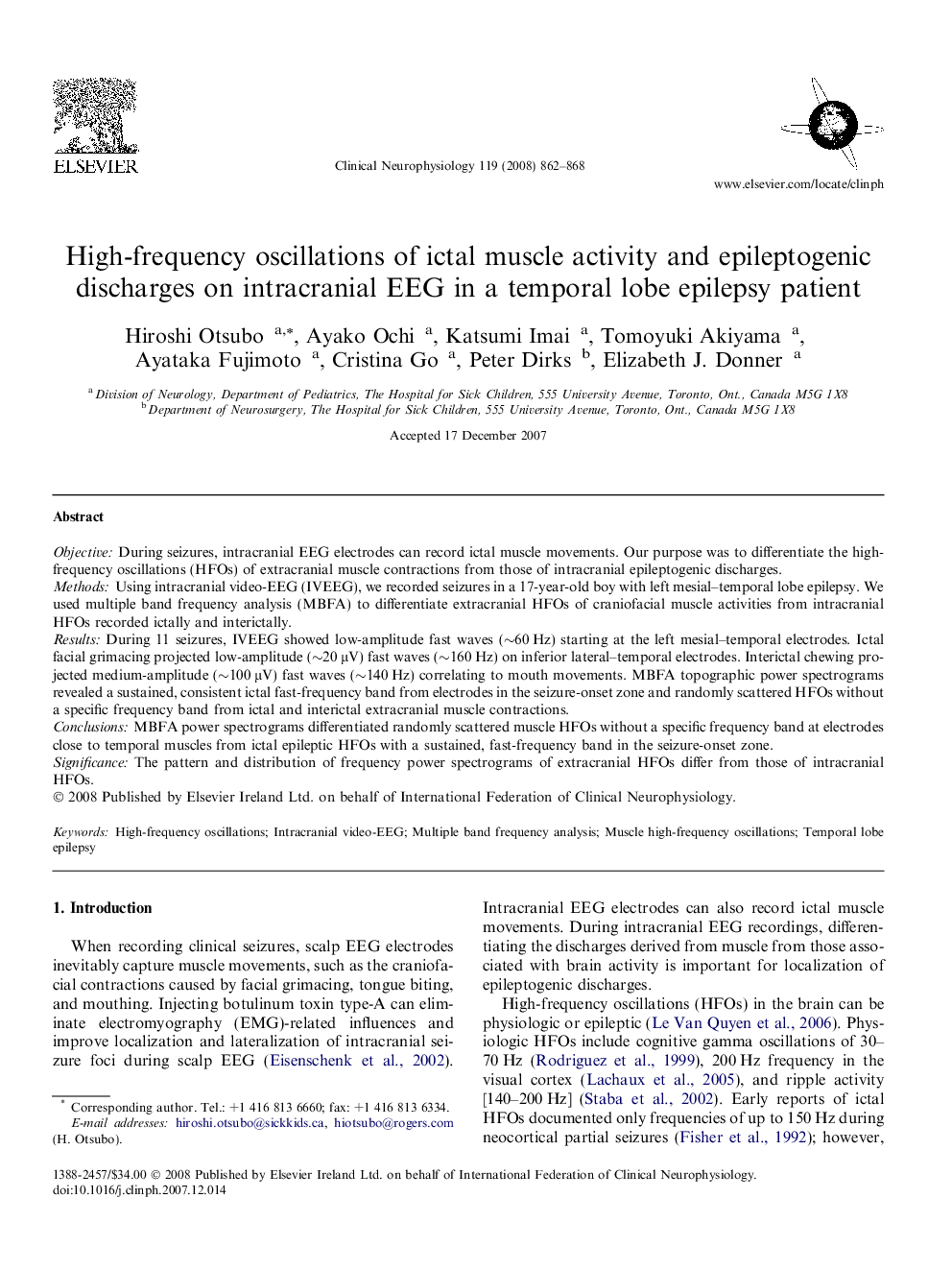 High-frequency oscillations of ictal muscle activity and epileptogenic discharges on intracranial EEG in a temporal lobe epilepsy patient