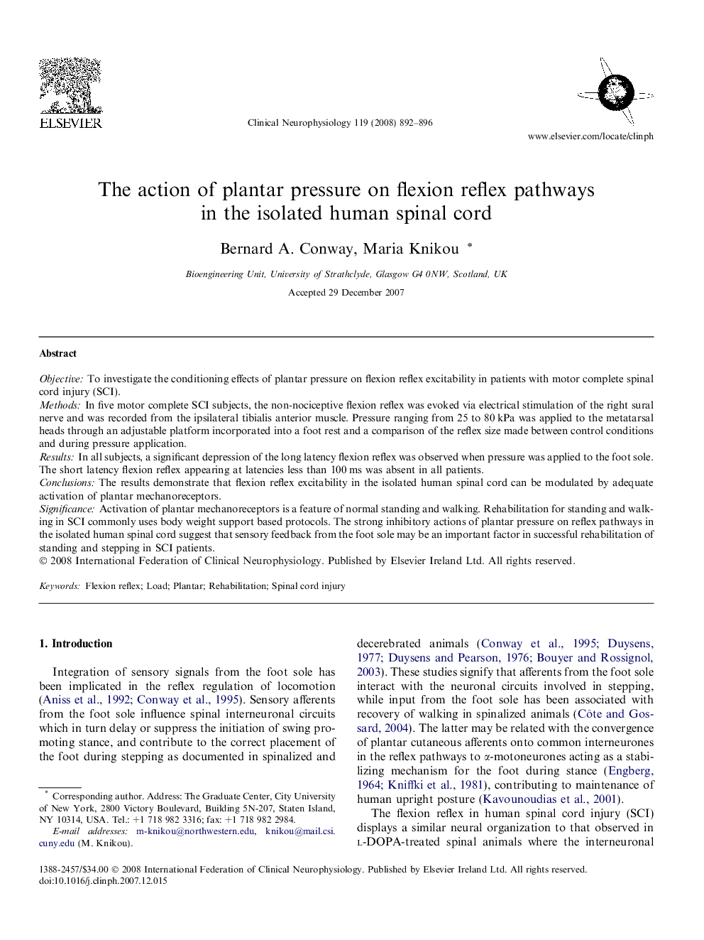 The action of plantar pressure on flexion reflex pathways in the isolated human spinal cord