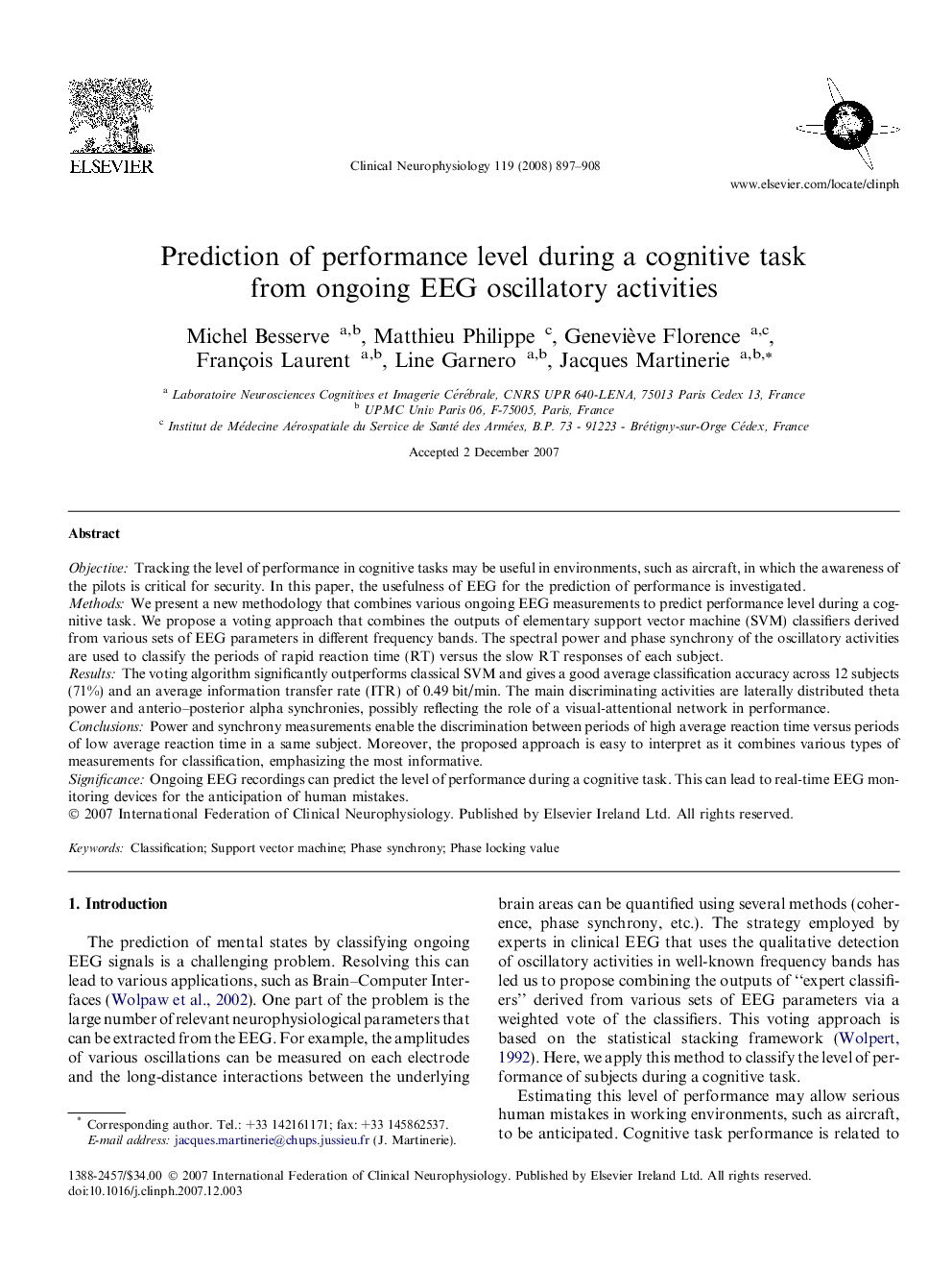 Prediction of performance level during a cognitive task from ongoing EEG oscillatory activities