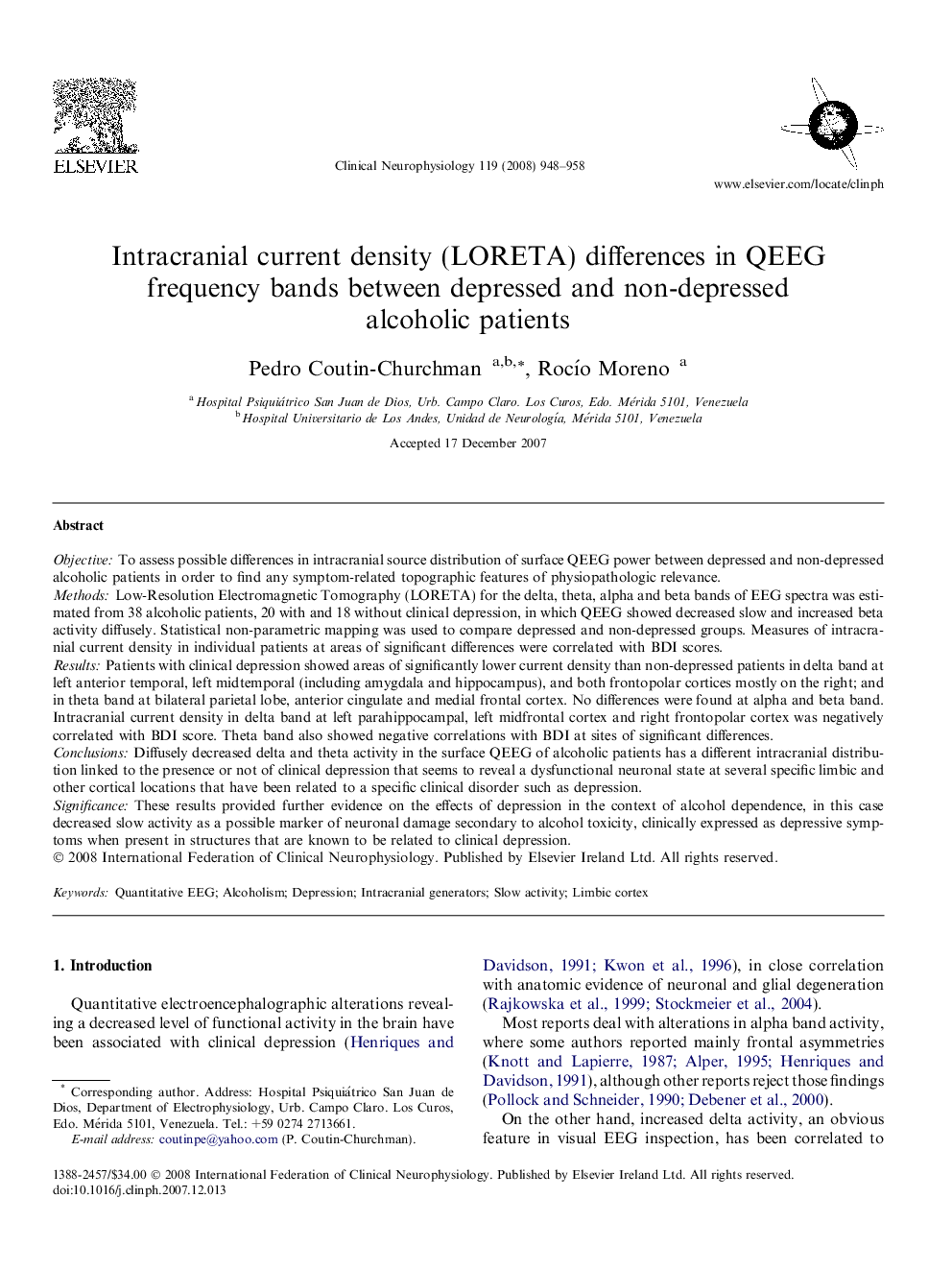 Intracranial current density (LORETA) differences in QEEG frequency bands between depressed and non-depressed alcoholic patients