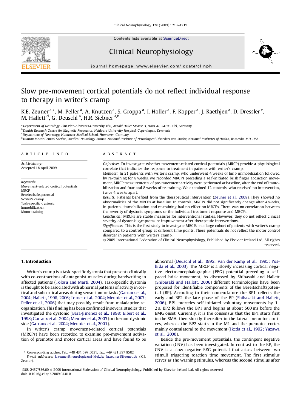 Slow pre-movement cortical potentials do not reflect individual response to therapy in writer’s cramp