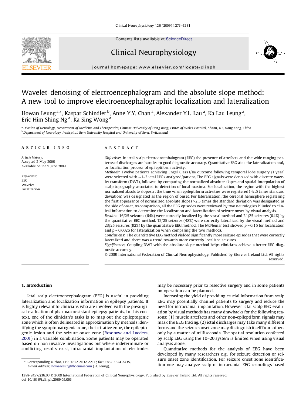 Wavelet-denoising of electroencephalogram and the absolute slope method: A new tool to improve electroencephalographic localization and lateralization