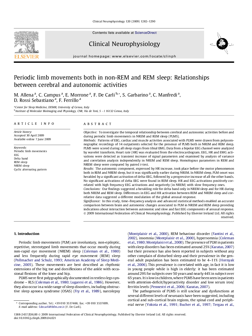 Periodic limb movements both in non-REM and REM sleep: Relationships between cerebral and autonomic activities