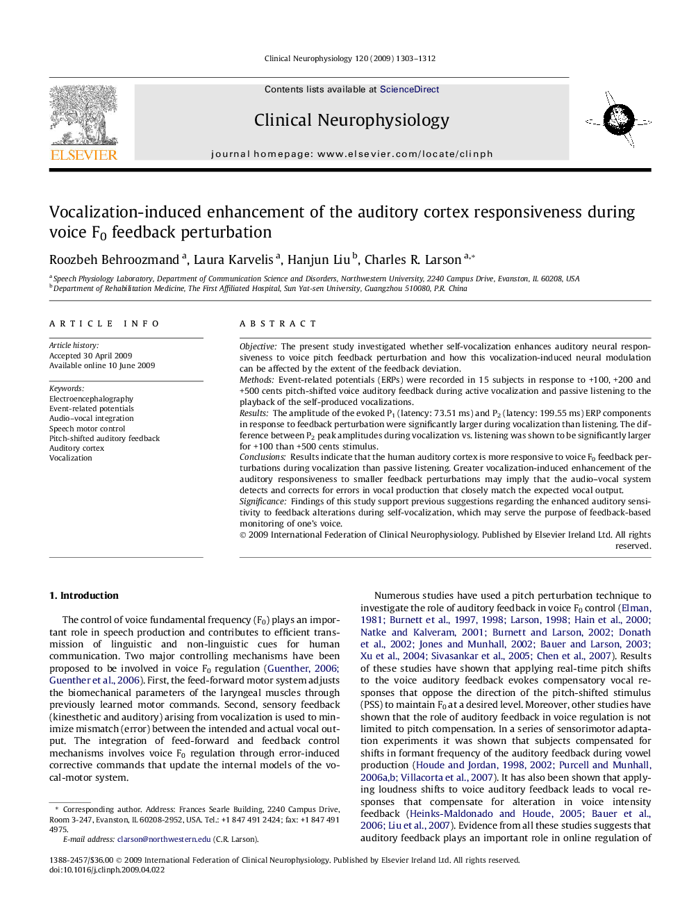 Vocalization-induced enhancement of the auditory cortex responsiveness during voice F0 feedback perturbation