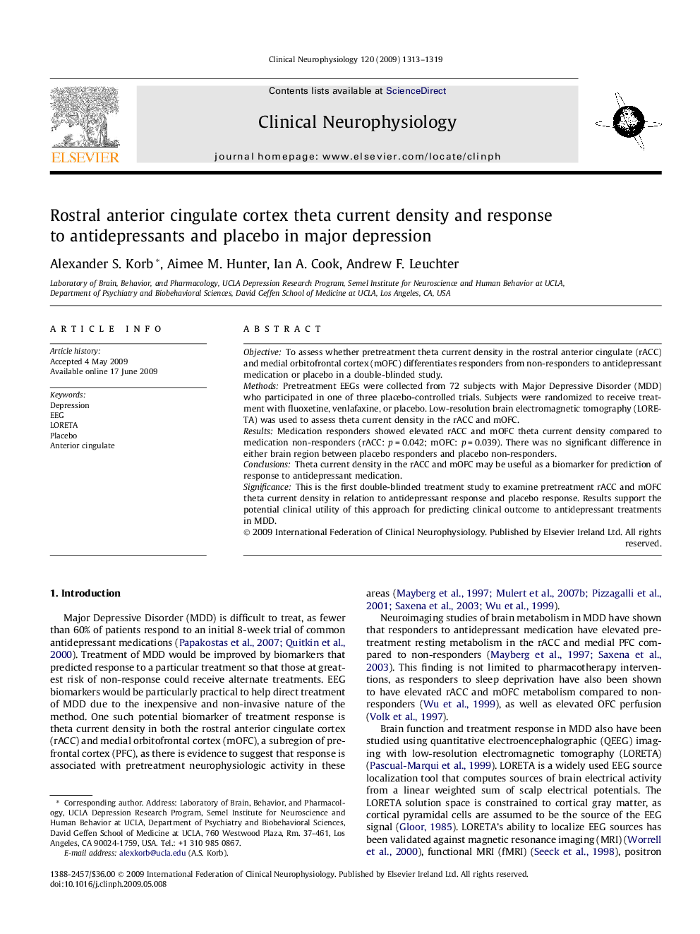 Rostral anterior cingulate cortex theta current density and response to antidepressants and placebo in major depression