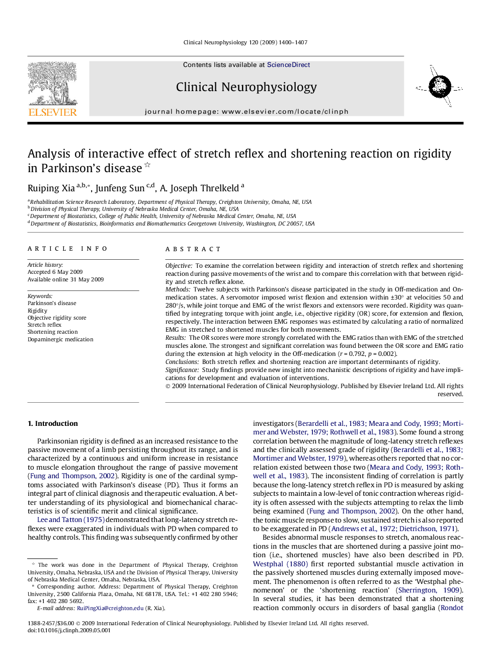 Analysis of interactive effect of stretch reflex and shortening reaction on rigidity in Parkinson’s disease 