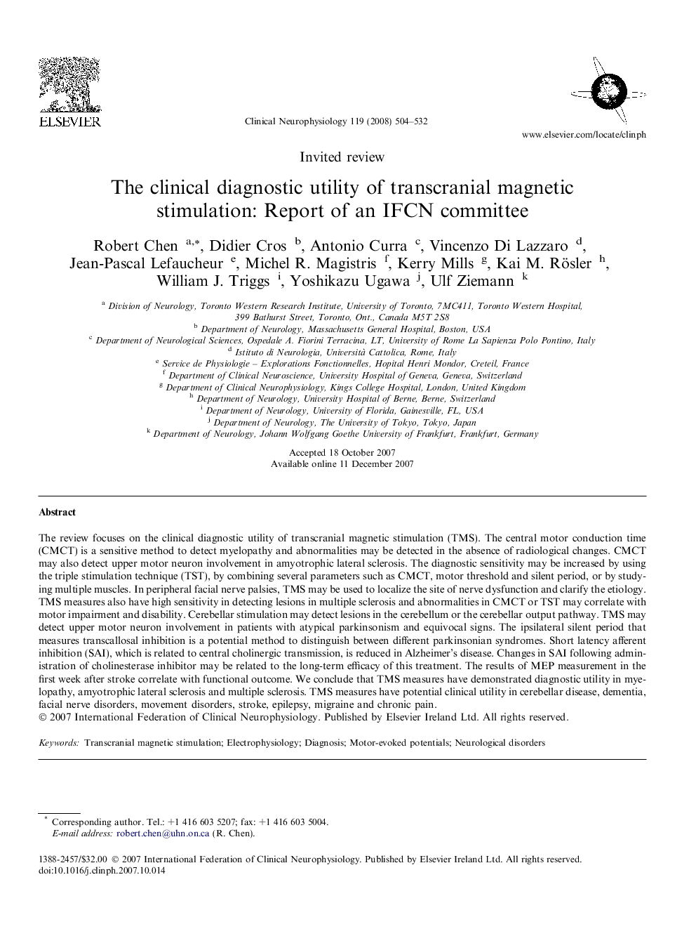 The clinical diagnostic utility of transcranial magnetic stimulation: Report of an IFCN committee