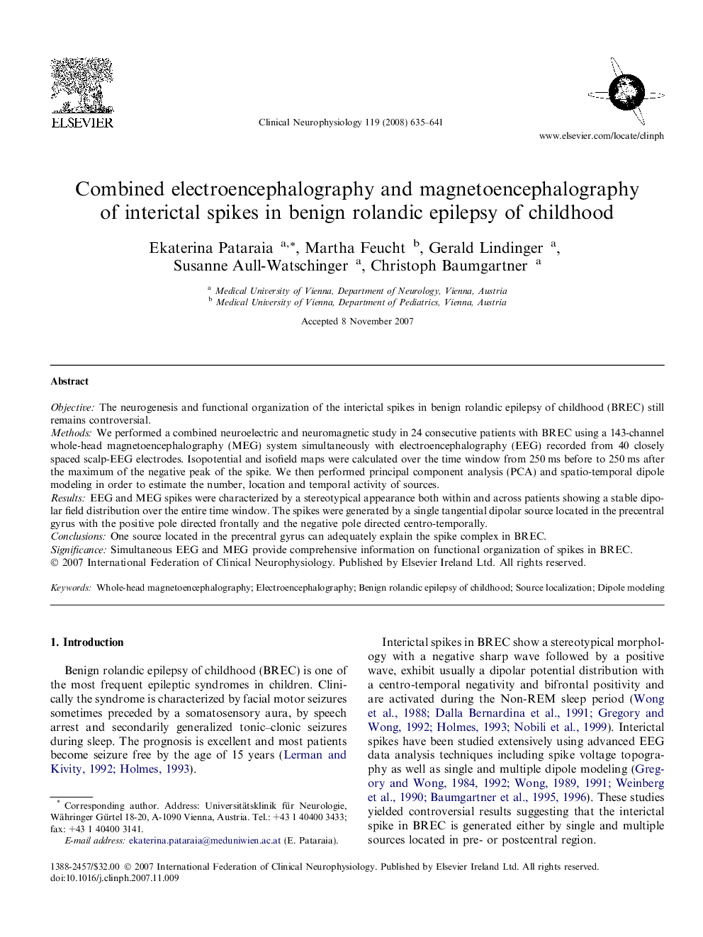 Combined electroencephalography and magnetoencephalography of interictal spikes in benign rolandic epilepsy of childhood