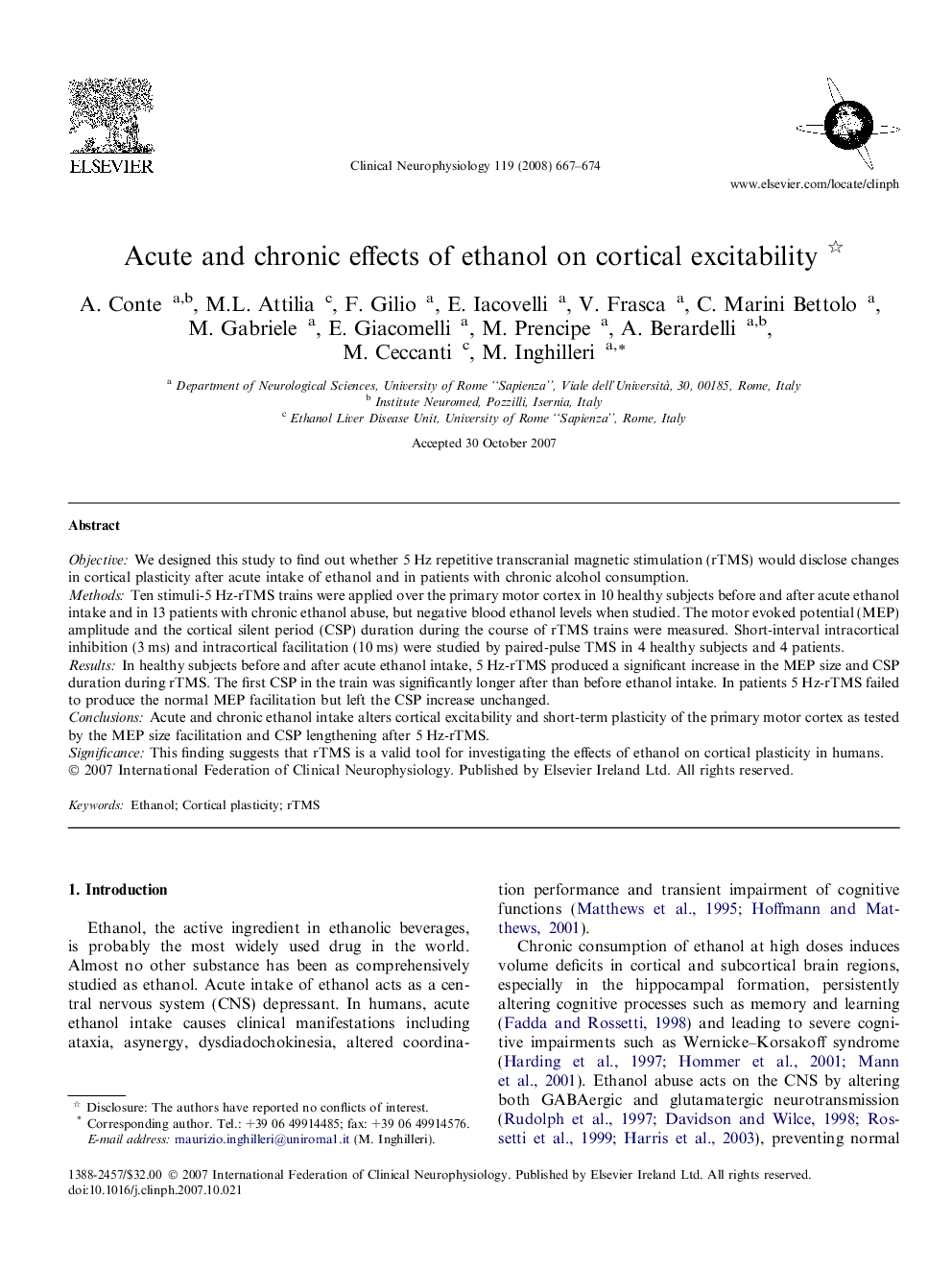 Acute and chronic effects of ethanol on cortical excitability 