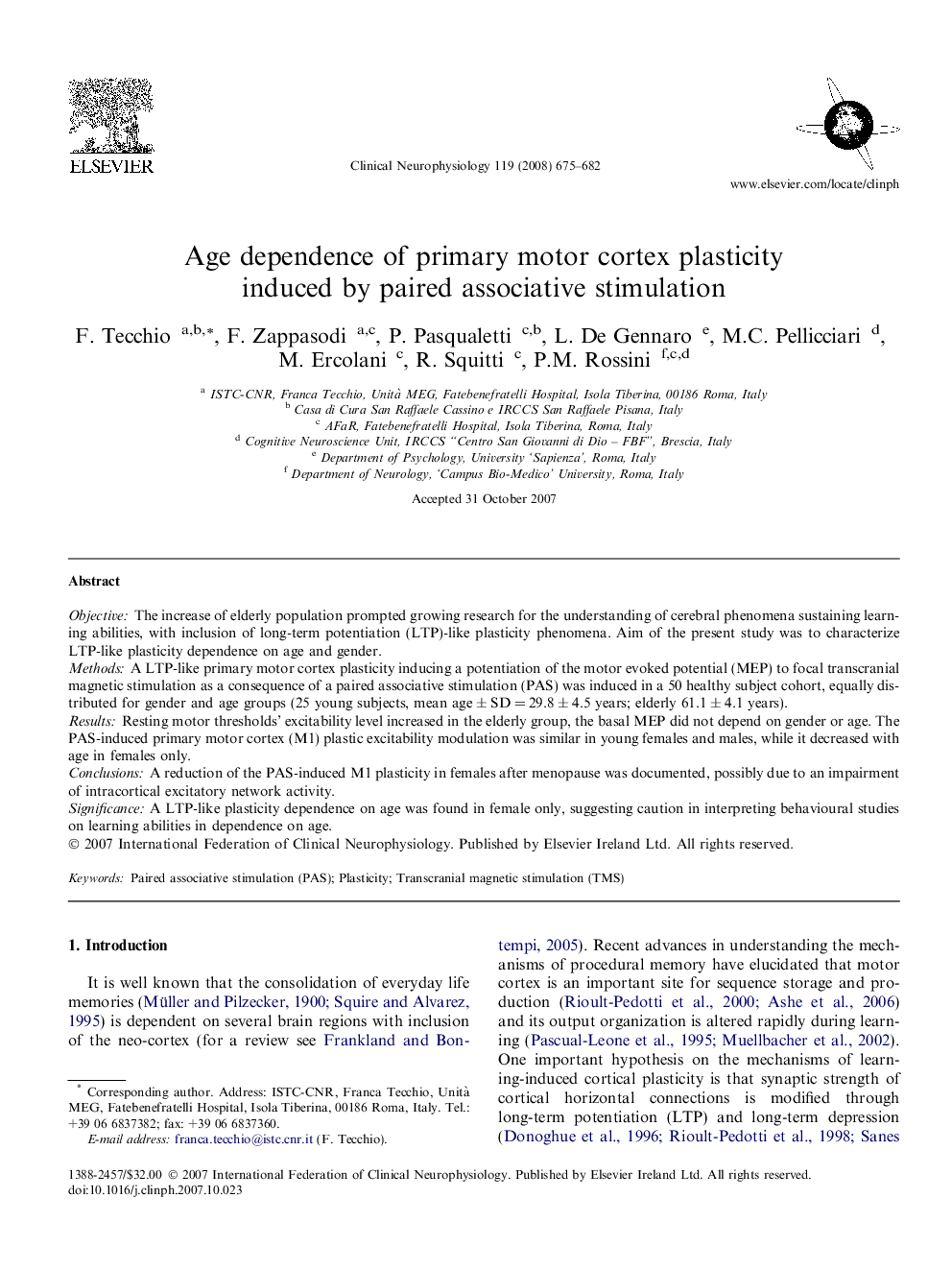 Age dependence of primary motor cortex plasticity induced by paired associative stimulation