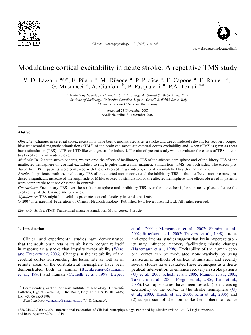 Modulating cortical excitability in acute stroke: A repetitive TMS study