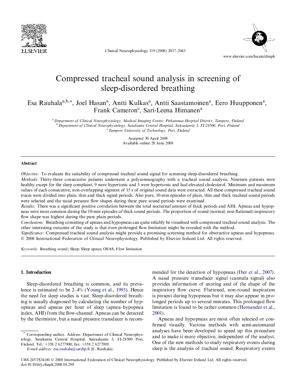 Compressed tracheal sound analysis in screening of sleep-disordered breathing